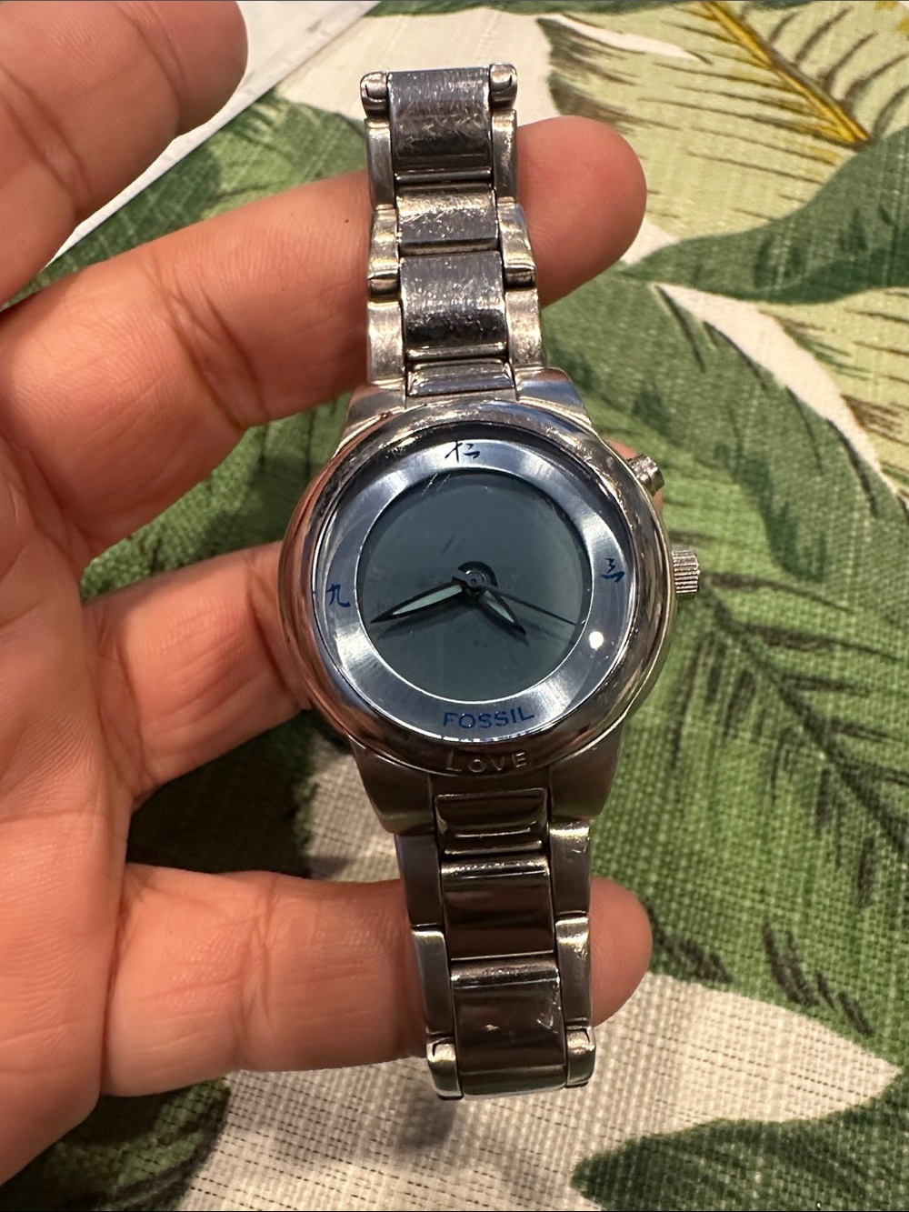 Fossil Silver Stainless Steel Watch with Blue Dial